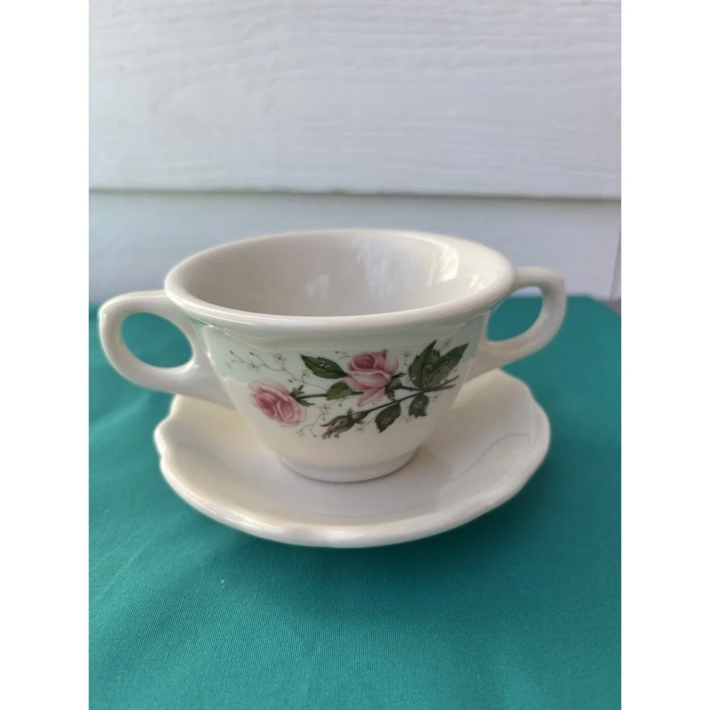 2 Handled Cup & Saucer By Jackson China Roses Floral Restaurant Ware Vintage